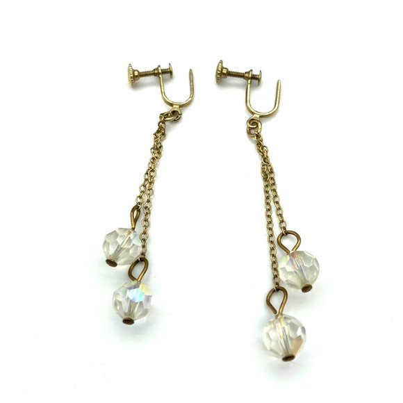Vintage Long Dangle Crystal Earrings, Double AB Faceted Bead Drop on Gold Tone - Picture 2 of 5